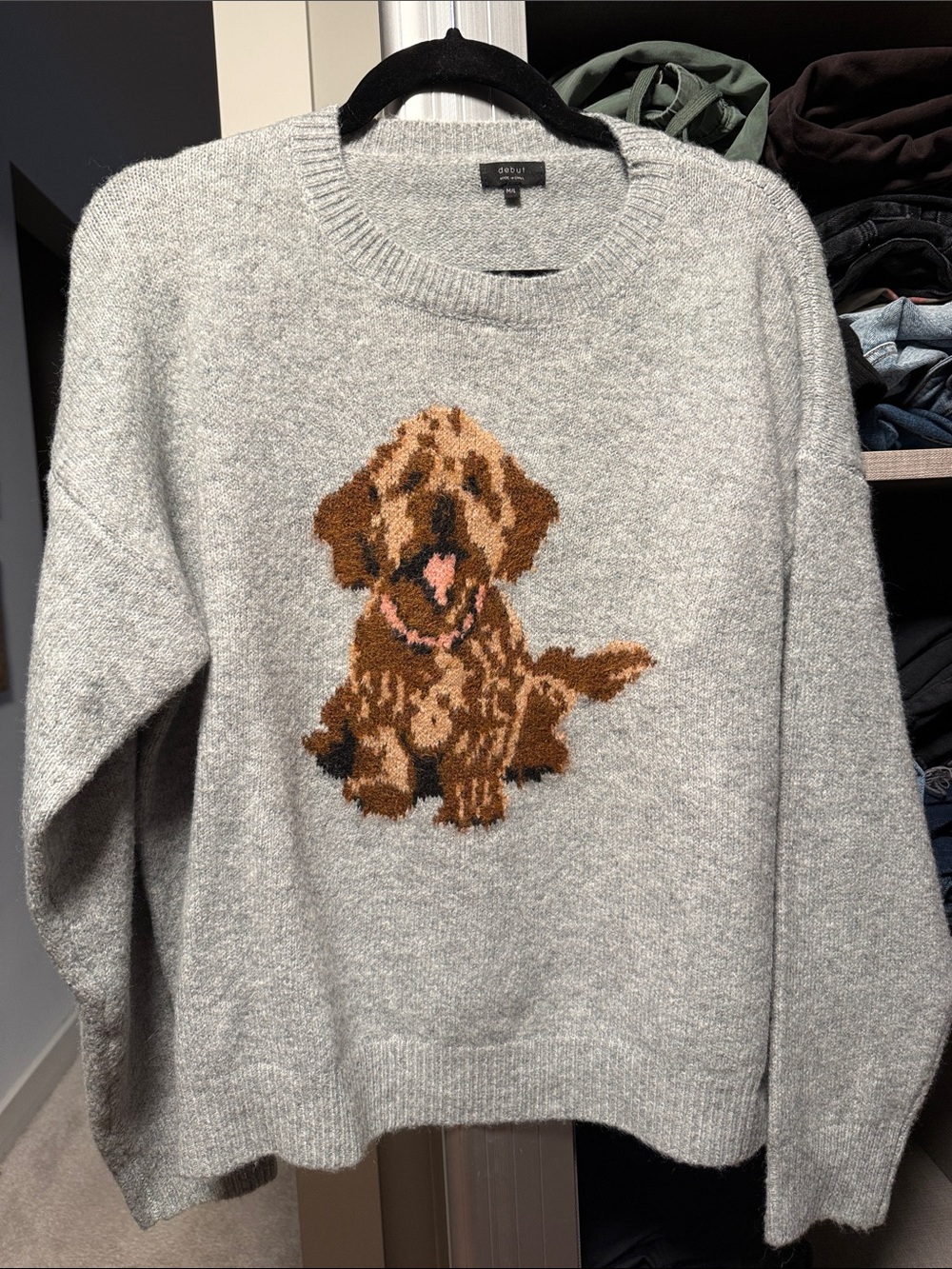 debut Gray Sweater with Brown Dog Intarsia